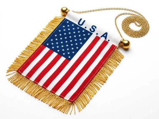Mini USA Flag Banner, Patriotic Car Interior Decor, Gold Tassel Auto Accessory