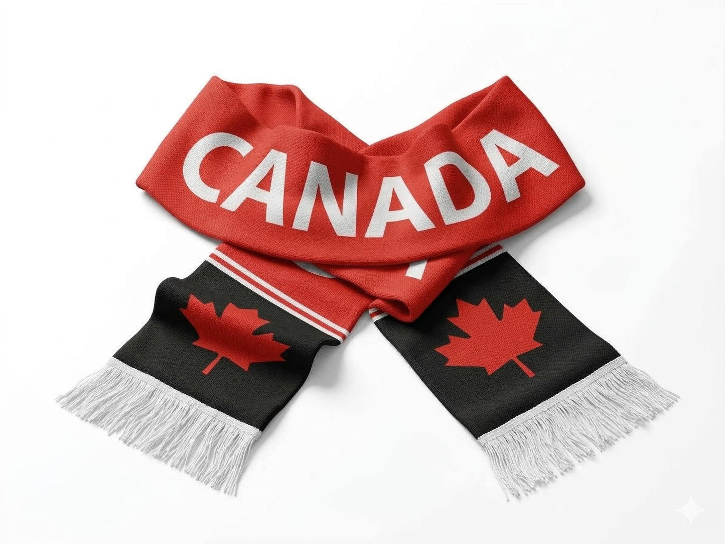 Canada Flag Scarf, Maple Leaf Fan Accessory, Patriotic Stadium Wear, Polyester Fringe Detalles