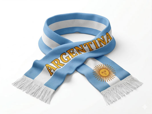 Argentine Soccer Scarf, Blue White Striped, Sun Emblem, Fringe Ends